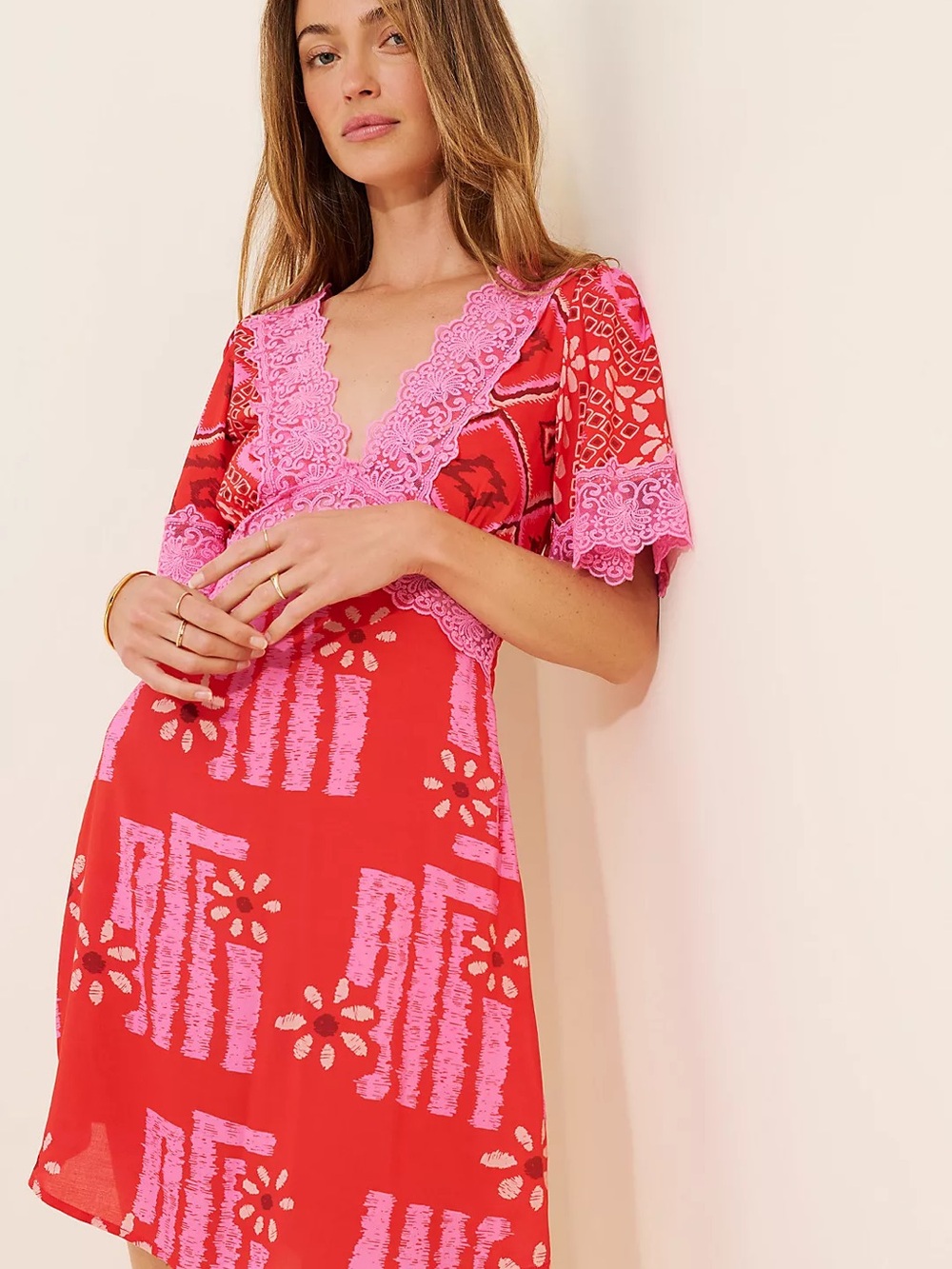 Spell Pink and Red Floral Lace-Trim V-Neck Dress